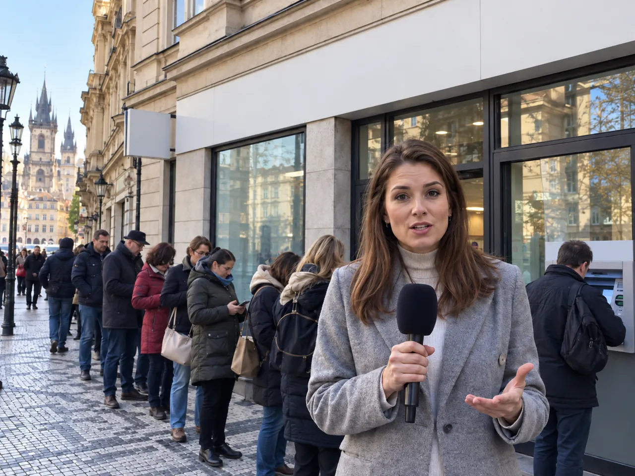 Reportérka v Praze před historickou budovou a fronta lidí na chodníku